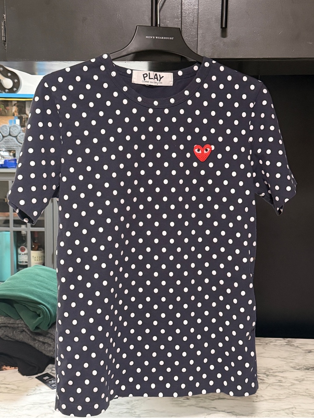 Comme des Garçons Navy Polka Dot Tee with Red Heart
